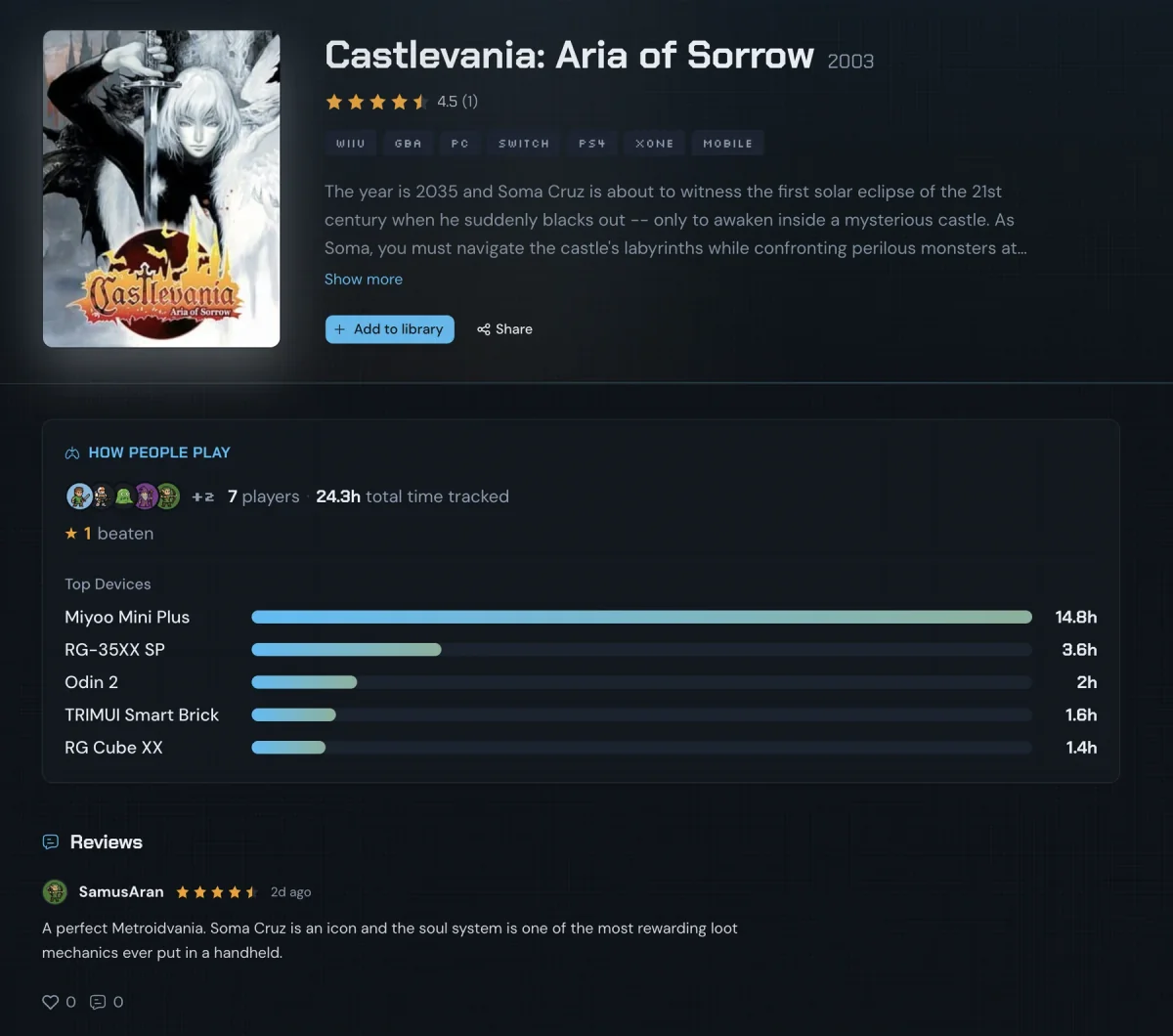 The Castlevania: Aria of Sorrow game page showing 7 players, 24.3 hours total time tracked, a breakdown of top devices, and a community review.