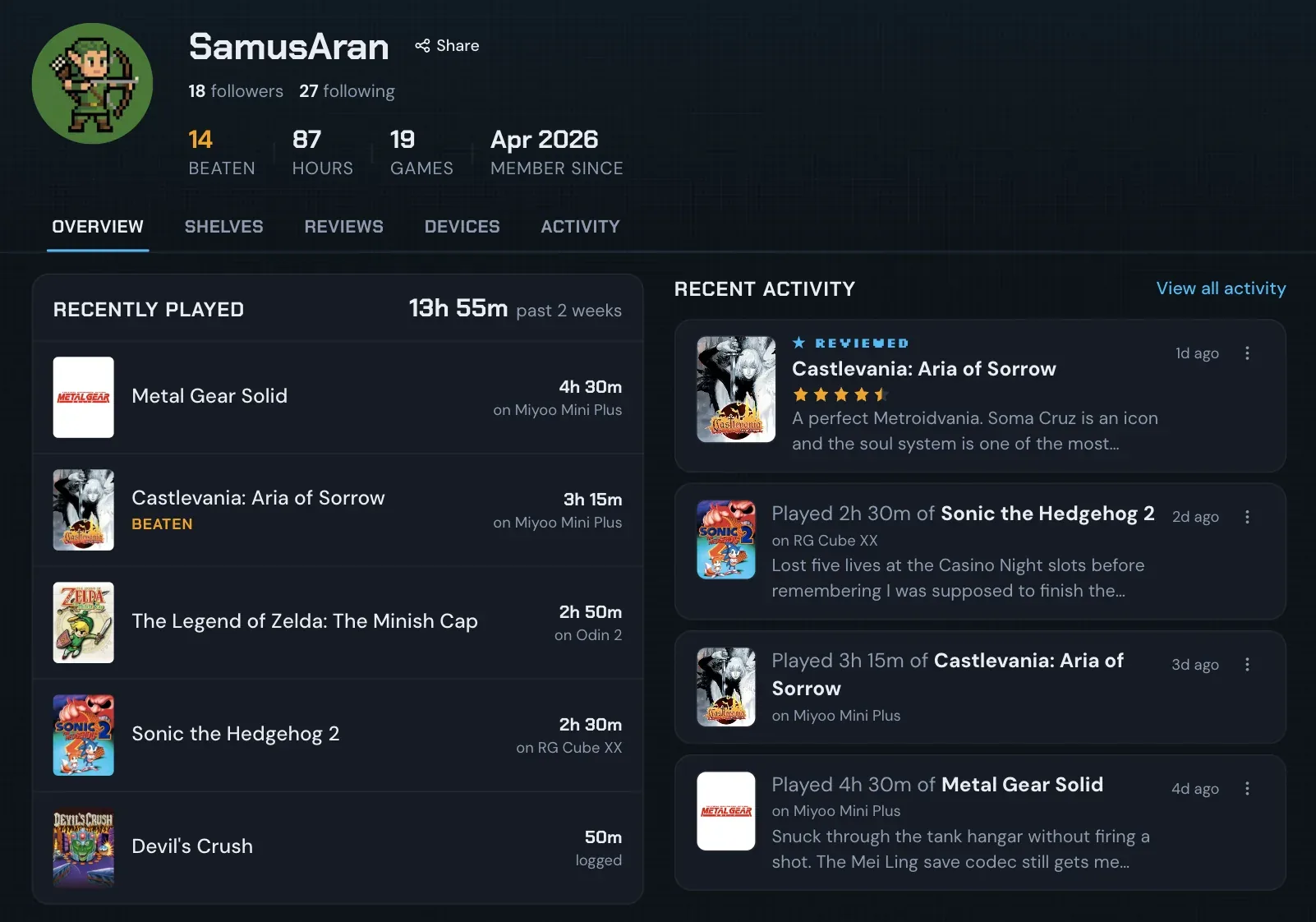 A RetroShelf profile showing recently played games, recent activity, and a beaten shelf.