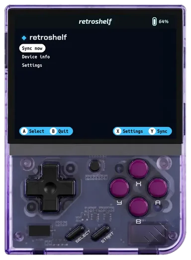 A Miyoo Mini Plus running the retroshelf plugin, its menu open on Sync now.
