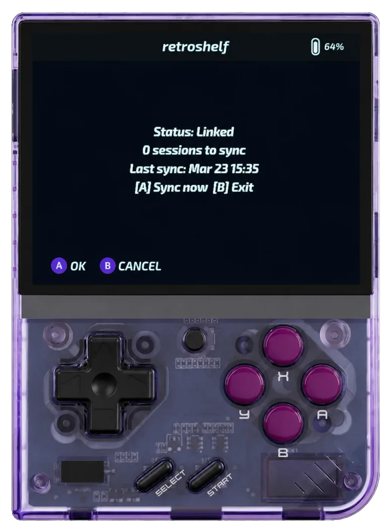 A Miyoo Mini Plus handheld running the retroshelf plugin, showing Status: Linked.